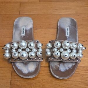 Miu Miu Silver Pearl Embellished Sandals